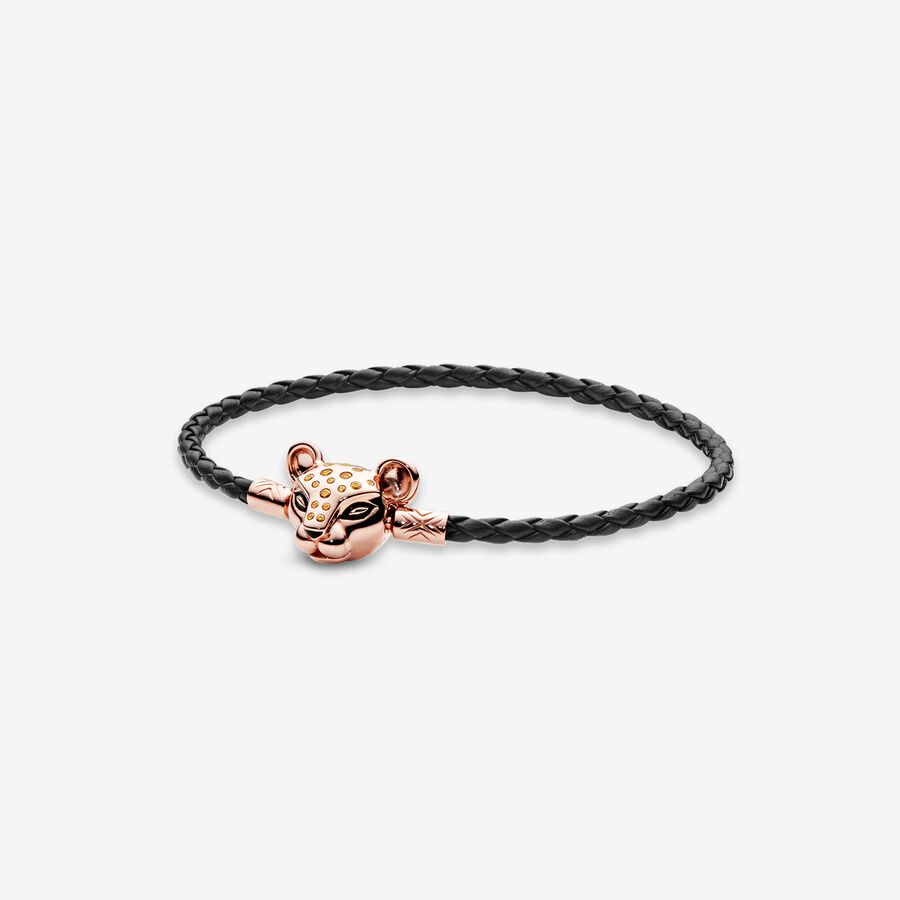 Pandora Rose black leather bracelet and lioness clasp with honey cubic zirconia and black enamel image number 0