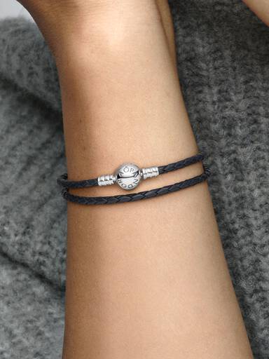 Pandora Moments Doppeltes schwarzes Lederarmband