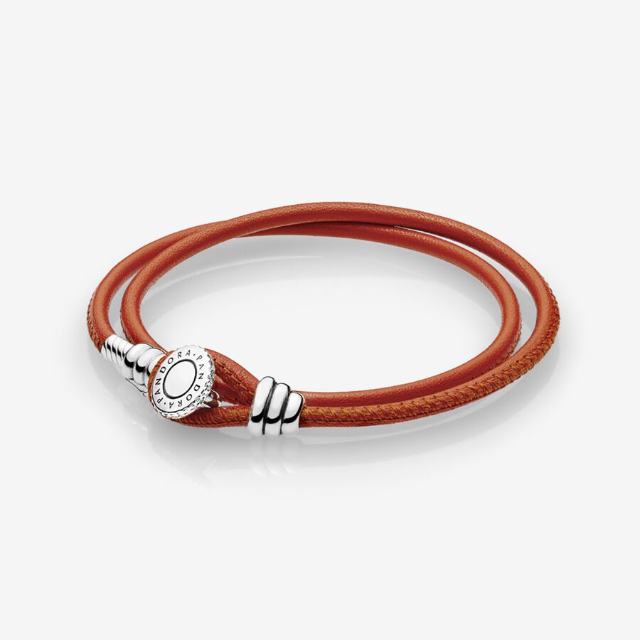 Silver leather bracelet, double,  spicy orange and clear cubic zirconia image number 0