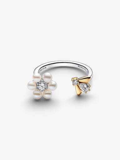 Bridgerton Biene & Behandelte Süßwasserzuchtperle Blume Offener Ring