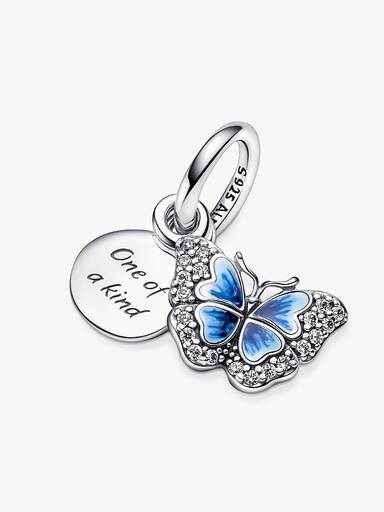 Blauer Schmetterling & Spruch Doppelter Charm-Anhänger