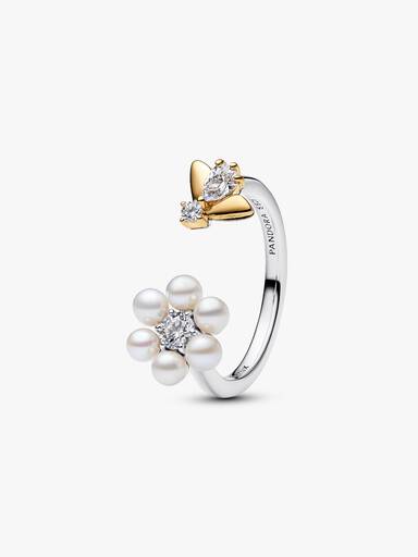 Bridgerton Biene & Behandelte Süßwasserzuchtperle Blume Offener Ring
